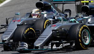 Mercedes drivers Lewis Hamilton of Britain, left, and Nico Rosberg of Germany enter the first curve during the Spanish Formula One Grand Prix at the Barcelona Catalunya racetrack in Montmelo, just outside Barcelona, Spain, Sunday, May 15, 2016. (AP Photo/Manu Fernandez)