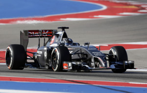 Sauber driver Adrian Sutil, of Germany, drives his car during the third practice session for the Formula One U.S. Grand Prix auto race at the Circuit of the Americas, Saturday, Nov. 1, 2014, in Austin, Texas. (AP Photo/Eric Gay)