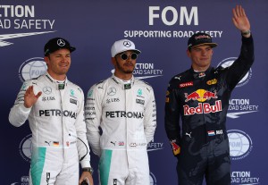 MEXICO CITY, MEXICO - OCTOBER 29: Top three qualifiers Lewis Hamilton of Great Britain and Mercedes GP, Nico Rosberg of Germany and Mercedes GP and Max Verstappen of Netherlands and Red Bull Racing in parc ferme during qualifying for the Formula One Grand Prix of Mexico at Autodromo Hermanos Rodriguez on October 29, 2016 in Mexico City, Mexico. Clive Mason/Getty Images/AFP == FOR NEWSPAPERS, INTERNET, TELCOS & TELEVISION USE ONLY ==