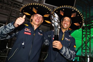 MEXICO CITY, MEXICO - OCTOBER 30: Daniel Ricciardo of Australia and Red Bull Racing celebrates getting third position with Max Verstappen of Netherlands and Red Bull Racing after Sebastian Vettel of Germany and Ferrari was given a 10 second penalty following a stewards enquiry during the Formula One Grand Prix of Mexico at Autodromo Hermanos Rodriguez on October 30, 2016 in Mexico City, Mexico. Mark Thompson/Getty Images/AFP == FOR NEWSPAPERS, INTERNET, TELCOS & TELEVISION USE ONLY ==