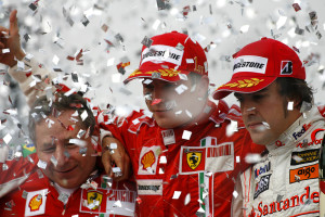 Ferrari Formula One Champion Kimi Raikkonen of Finland with the General Manager of Scuderia Ferrari Marlboro Jean Todt and McLaren Formula One driver Fernando Alonso of Spain on the Podium after the Brazilian F1 Grand Prix at the Interlagos racetrack in Sao Paulo Sunday Oct. 21, 2007. Raikkonen kept his cool better than Lewis Hamilton and Fernando Alonso, winning the Brazilian Grand Prix and clinching the Formula One title in the tightest race for the championship in 21 years. (AP Photo / ANNA KALAGANI) ** GREECE OUT **