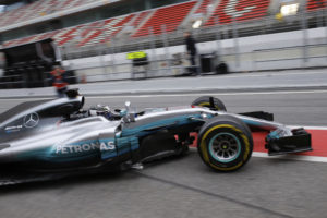 Mercedes driver Valtteri Bottas of Finland exits the team box during a Formula One pre-season testing session at the Catalunya racetrack in Montmelo, outside Barcelona, Spain, Wednesday, March 1, 2017. (AP Photo/Francisco Seco)