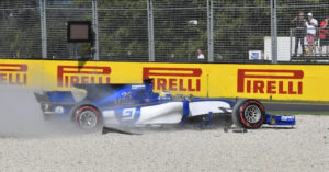 Sauber driver Marcus Ericsson of Sweden spins off the track into the gravel soon after the start of the Australian Formula One Grand Prix in Melbourne, Australia, Sunday, March 26, 2017. (AP Photo/Andy Brownbill)