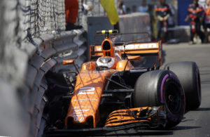 McLaren driver Stoffel Vandoorne of Belgium crashes into the fence during the qualification at the Formula One Grand Prix at the Monaco racetrack in Monaco, Saturday, May 27, 2017. The Formula 1 Grand Prix of Monaco race will take place on Sunday May 28. (AP Photo/Claude Paris)