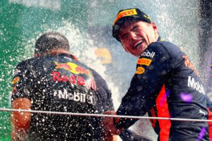 MEXICO CITY, MEXICO - OCTOBER 29: Race winner Max Verstappen of Netherlands and Red Bull Racing celebrates on the podium during the Formula One Grand Prix of Mexico at Autodromo Hermanos Rodriguez on October 29, 2017 in Mexico City, Mexico. Clive Rose/Getty Images/AFP == FOR NEWSPAPERS, INTERNET, TELCOS & TELEVISION USE ONLY ==