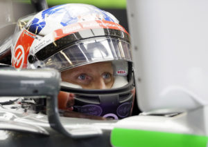 Haas driver Romain Grosjean, of France, sits in his car during the first practice session for the Formula One U.S. Grand Prix auto race at the Circuit of the Americas, Friday, Oct. 20, 2017, in Austin, Texas. (AP Photo/Tony Gutierrez)