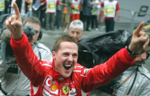 German Ferrari driver Michael Schumacher reacts after winning the Formula One Chinese Grand Prix at the Shanghai International Circuit in Shanghai, China, Sunday, Oct. 1, 2006. (AP Photo/Shizuo Kambayashi)