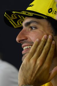 Renault's Spanish Formula 1 driver Carlos Sainz Jr gestures during a press conference at the Circuit de Catalunya in Montmelo in the outskirts of Barcelona on May 10, 2018 ahead of the Spanish Formula One Grand Prix. / AFP PHOTO / LLUIS GENE