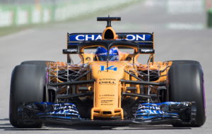 McLaren driver Fernando Alonso, of Spain, drives onto the track during the first practice session at the Formula One Canadian Grand Prix auto race in Montreal, Friday, June 8, 2018. (Graham Hughes/The Canadian Press via AP)