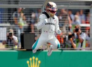Formula One F1 - British Grand Prix - Silverstone Circuit, Silverstone, Britain - July 7, 2018 MercedesÕ Lewis Hamilton celebrates after qualifying in pole position Action Images via Reuters/Matthew Childs