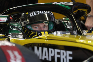 Renault driver Nico Hulkenberg, of Germany, sits in his car during the first training session of the Formula One Mexico Grand Prix auto race at the Hermanos Rodriguez racetrack in Mexico City, Friday, Oct. 26, 2018. (AP Photo/Moises Castillo)