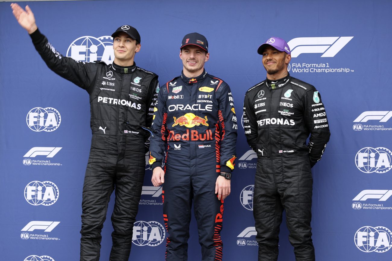 George Russell, Max Verstappen och Lewis Hamilton