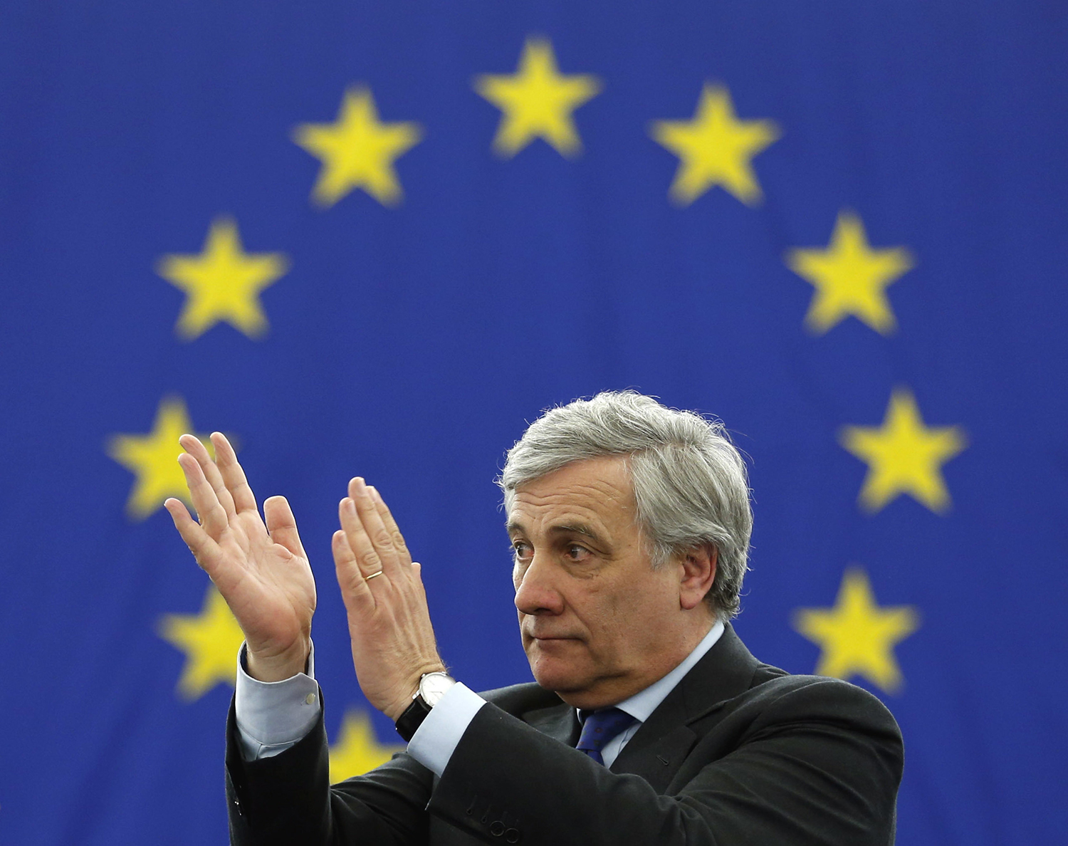 Antonio Tajani acknowledges applauses after being elected European Parliament President at the European Parliament in Strasbourg, in Strasbourg, eastern France, Tuesday, Jan. 17, 2017. Antonio Tajani of the EPP Christian Democrat group was elected president of the European Parliament on Tuesday in a daylong polling series during which he defeated his socialist opponent. (AP Photo/Jean-Francois Badias)