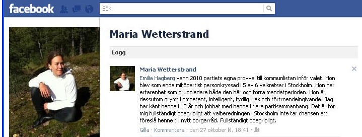 Maria Wetterstrands Facebookstatus