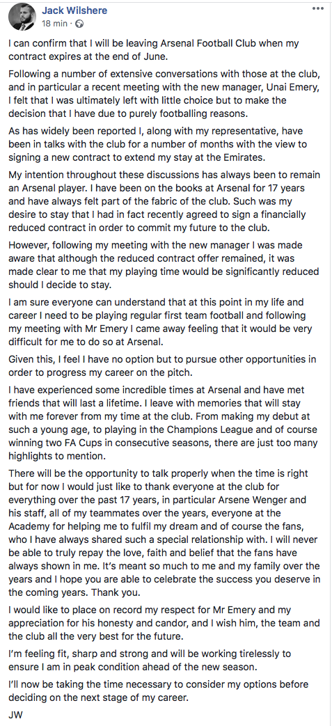 Arsenal: Wilshere lämnar Arsenal – skriver avskedsbrev