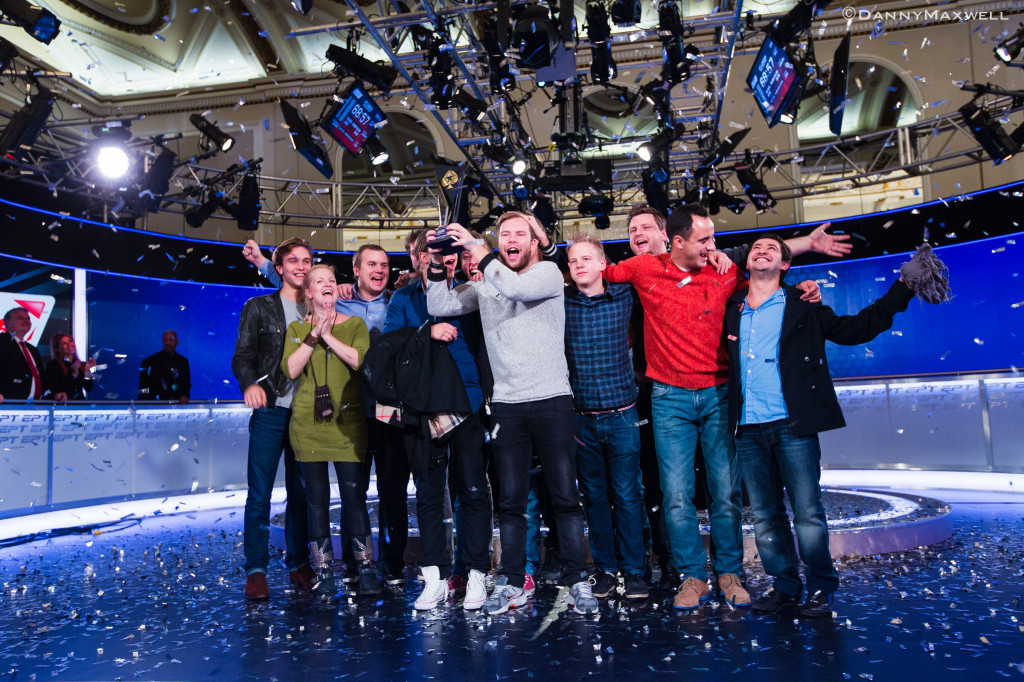 Robin Ylitalo and friends celebrate his EPT London Main Event win