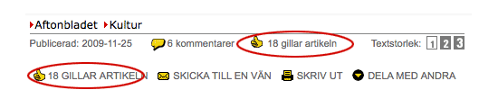 Gilla, ovanför respektive nedanför artikel